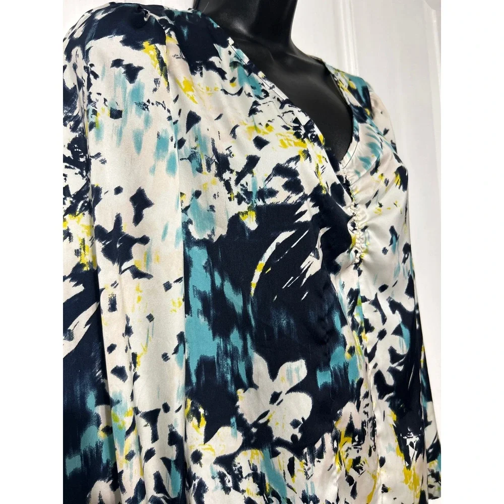Banana Republic Womens Small Navy Teal Abstract Floral Ruched V-Neck Blouse Top